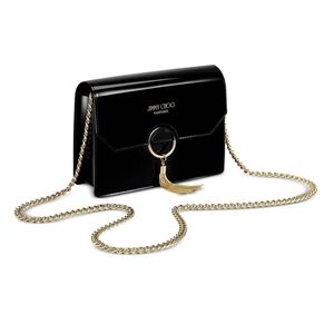 new Jimmy Choo Black Patent Leather Crossbody Purse Handbag Gold Tassel Parfums